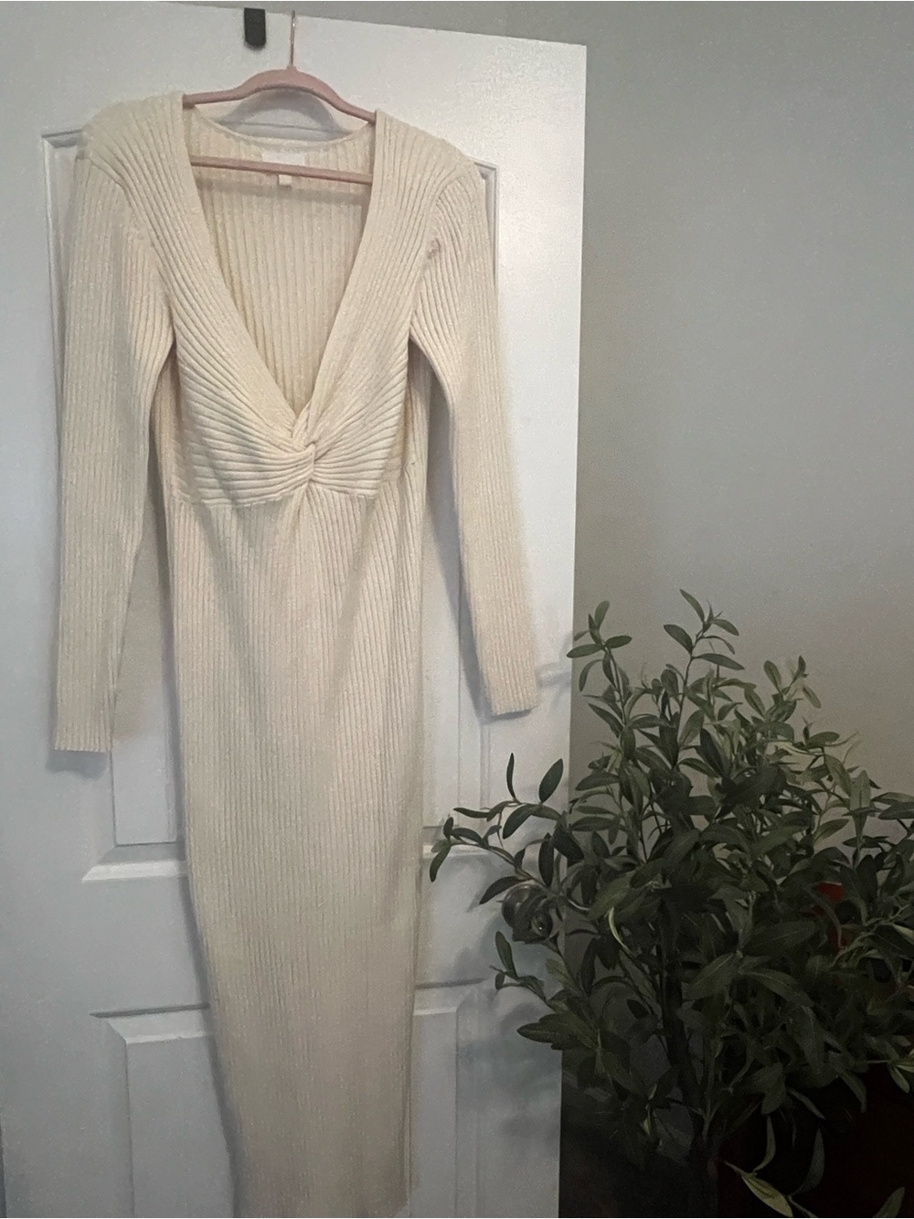 Cream Ribbed Knit Sweater Dress